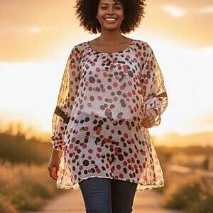 Anna Bugatti Blouse Sheer white Red black polka dots OSFM NWT